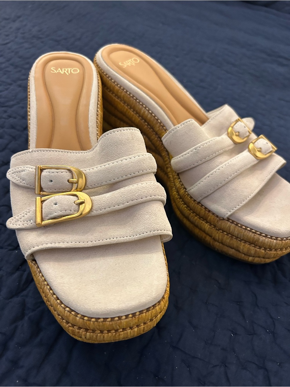 SARTO By Franco Sarto Cream Suede Double-Buckle Wedge Mules